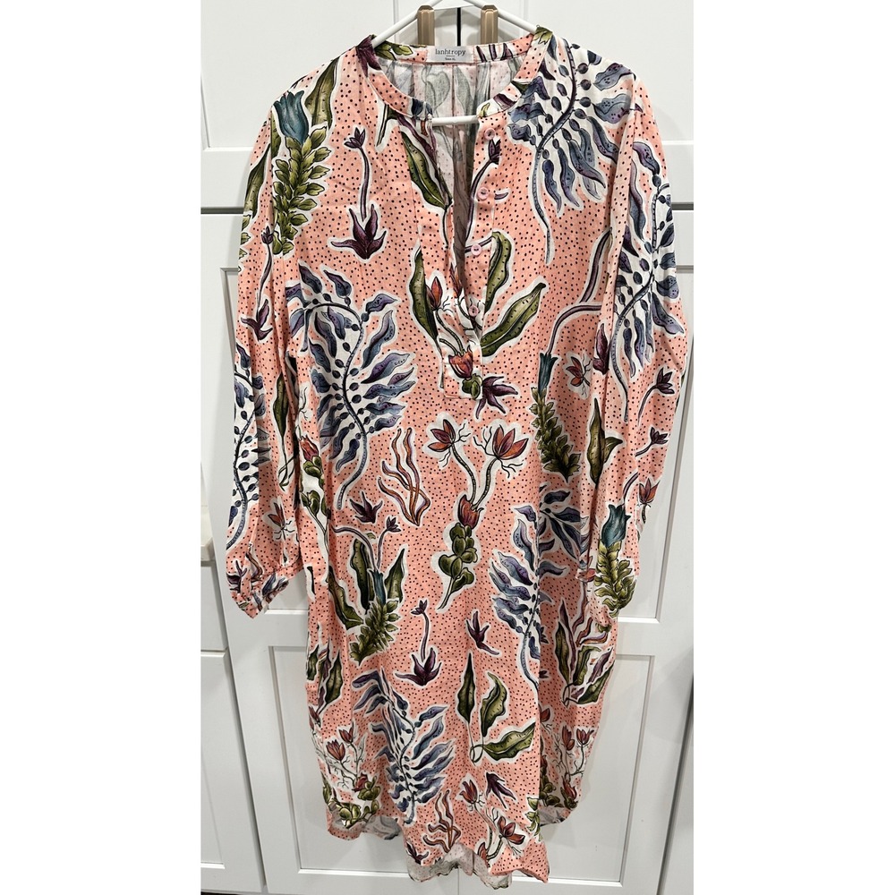 Lanthropy Floral Print Linen Tunic Dress Long‎ Sleeve Casual XL